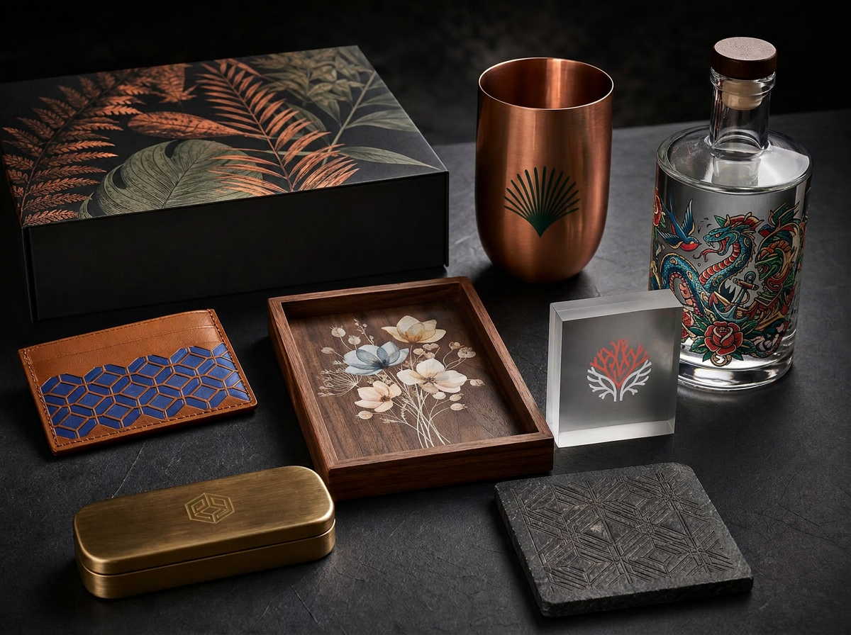 A curated collection of luxury branded objects including a rigid presentation box, copper tumbler, glass bottle, leather card holder, walnut tray, acrylic block, brass case and slate coaster, showing full-colour printing, laser engraving and laser marking
