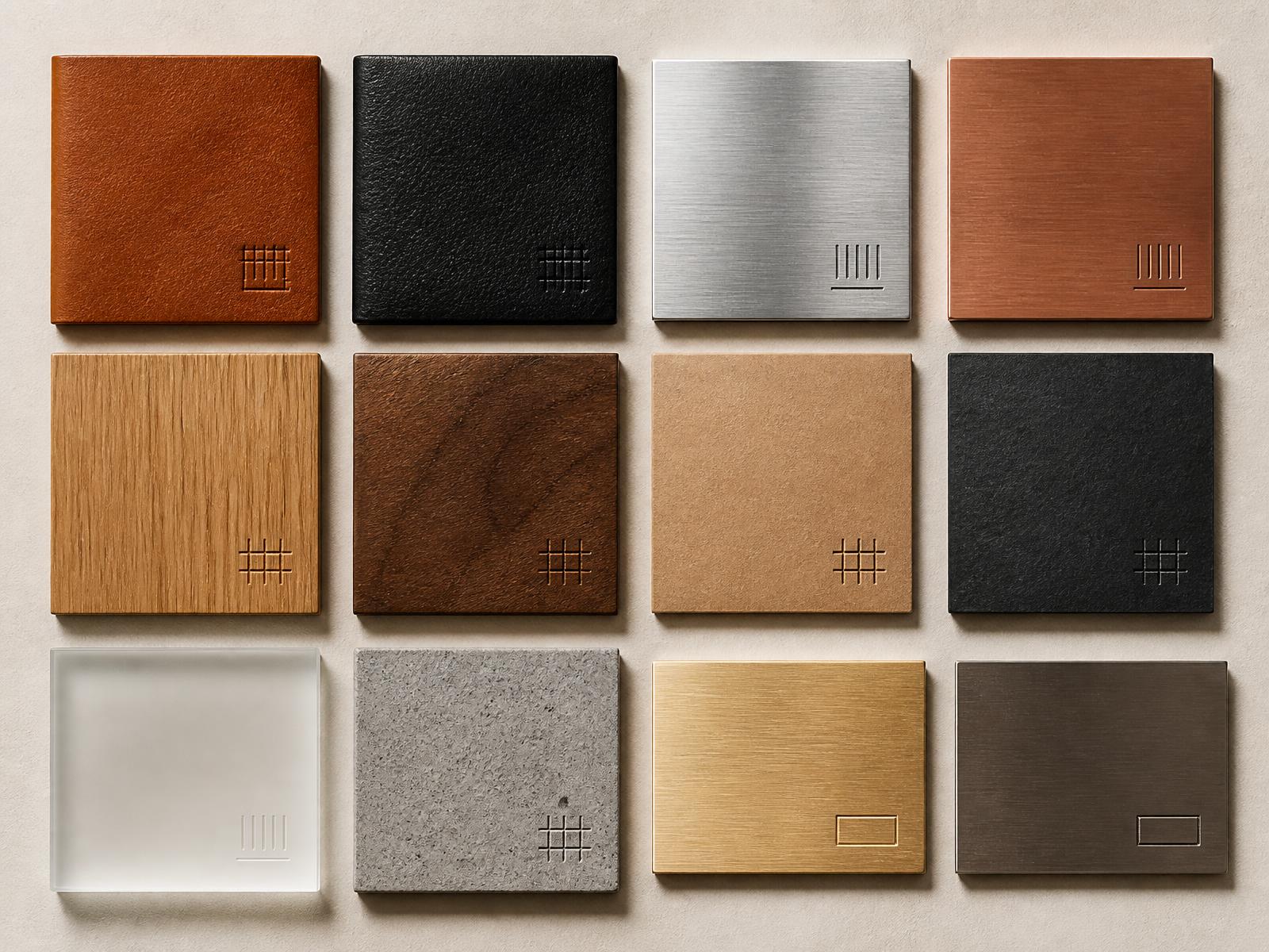 Leather, wood and board material swatches